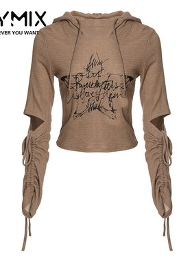 MYMIX我的组合2024冬季新款女装连帽星星字母棕色长袖短款T恤