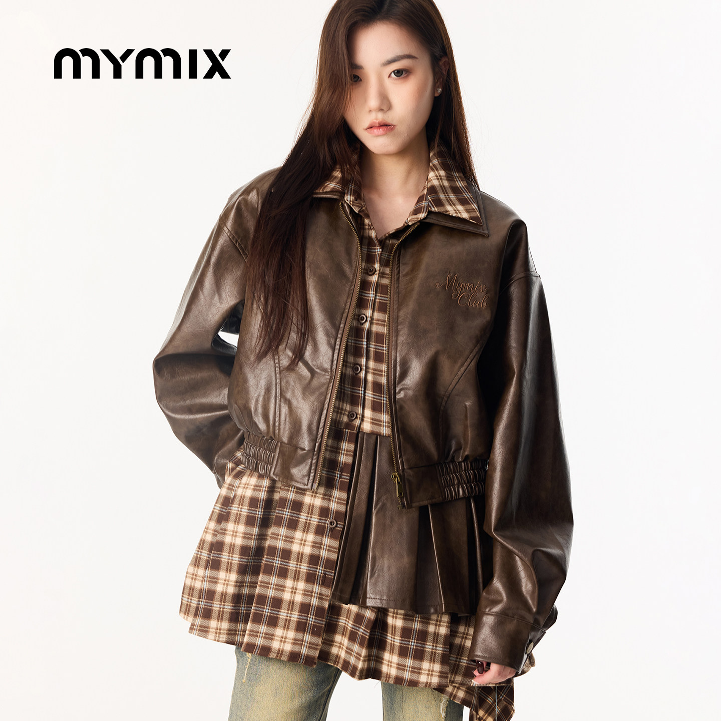 【26春新品】MYMIX时尚格纹撞色PU夹克高级感拼接宽松休闲外套女,女装/女士精品,短外套,淘宝优惠券,粉丝福利购,淘宝优惠卷