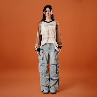 【25夏新品】MYMIX多口袋牛仔裤街头潮牌宽松显瘦高腰工装直筒裤