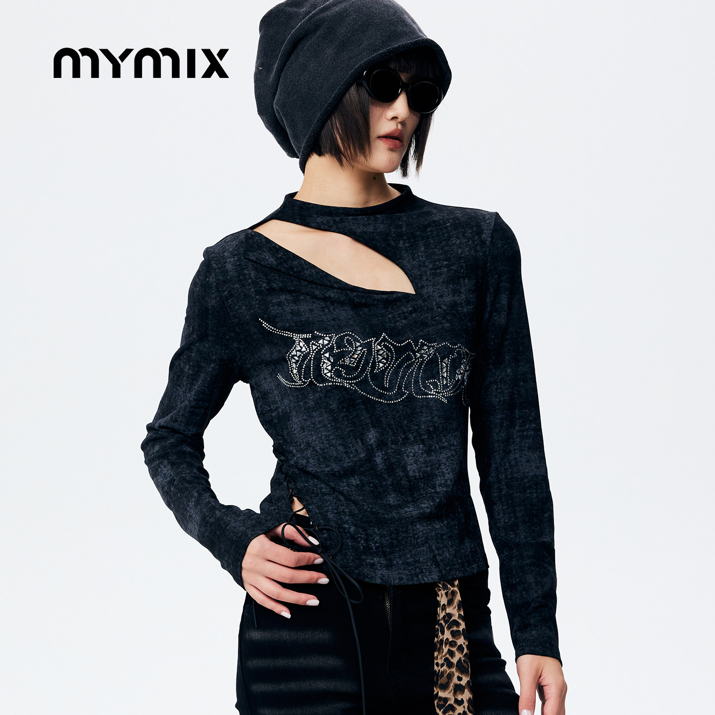 【26春新品】MYMIX复古风休闲烫钻镂空修身绑绳长袖短款T恤女装,女装/女士精品,T恤,淘宝优惠券,粉丝福利购,淘宝优惠卷