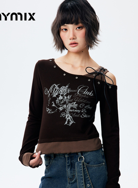 【26春新品】MYMIX印花字母撞色拼接斜领露肩修身短款长袖T恤女装