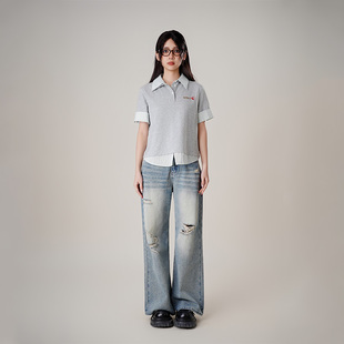 【25夏新品】MYMIX美式破洞牛仔裤女士水洗宽松直筒拖地阔腿裤子