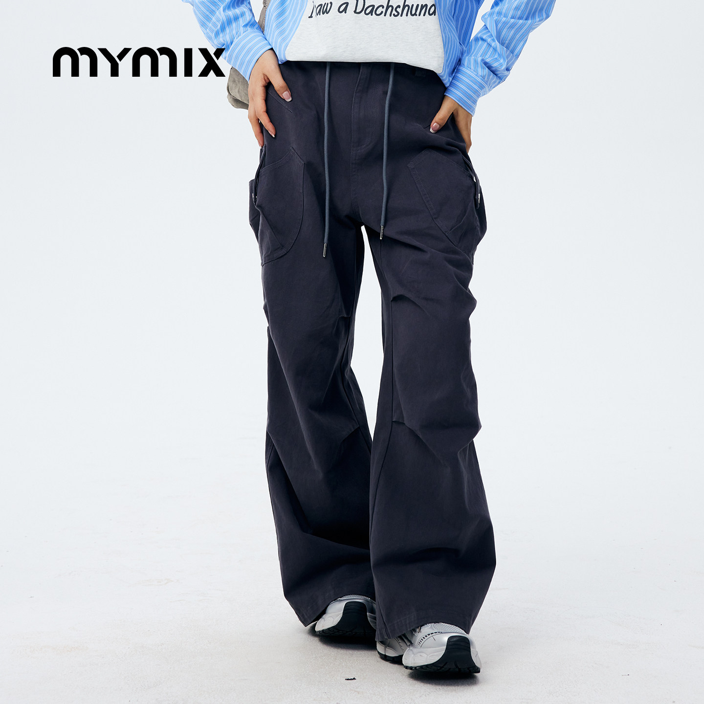 【26春新品】MYMIX时尚潮流高腰抽绳宽松阔腿直筒休闲工装裤女装,女装/女士精品,时尚工装裤,淘宝优惠券,粉丝福利购,淘宝优惠卷