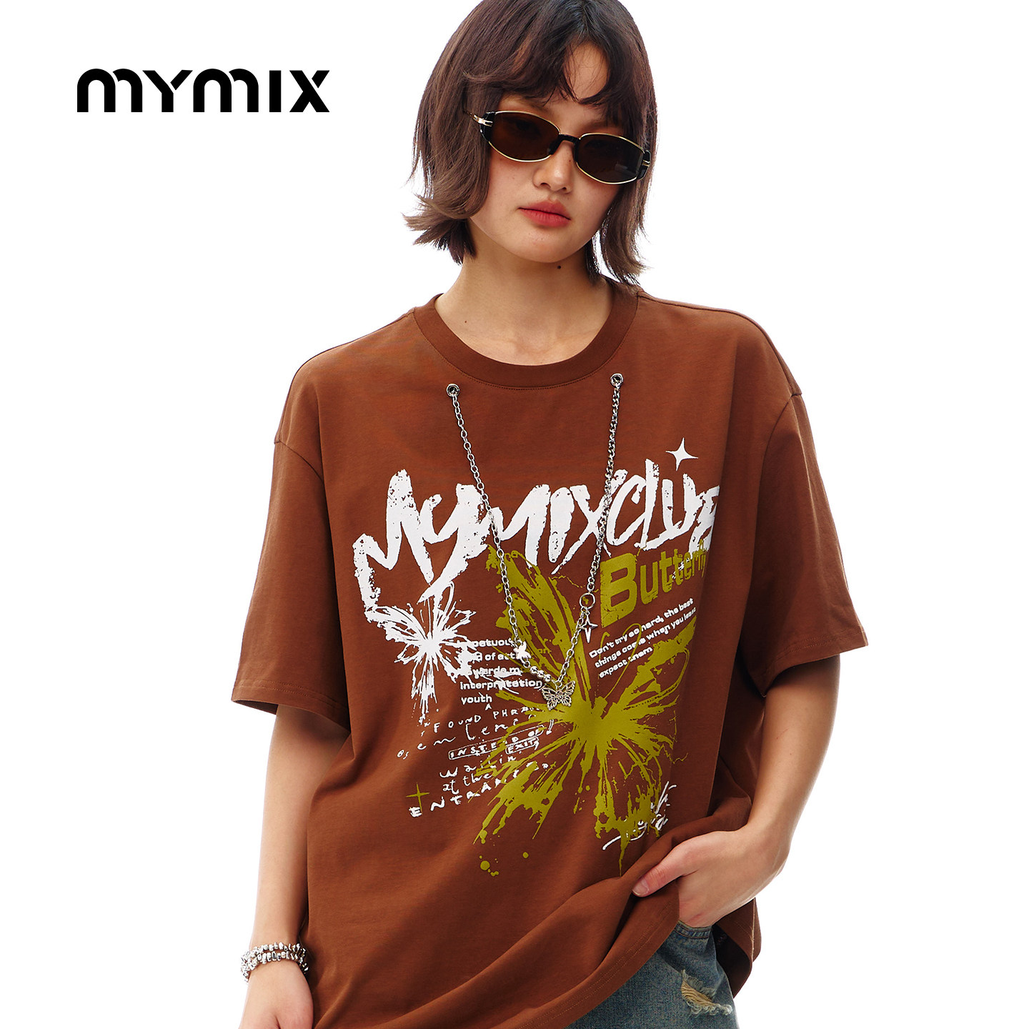 MYMIX夏季字母蝴蝶落肩短袖T恤图片