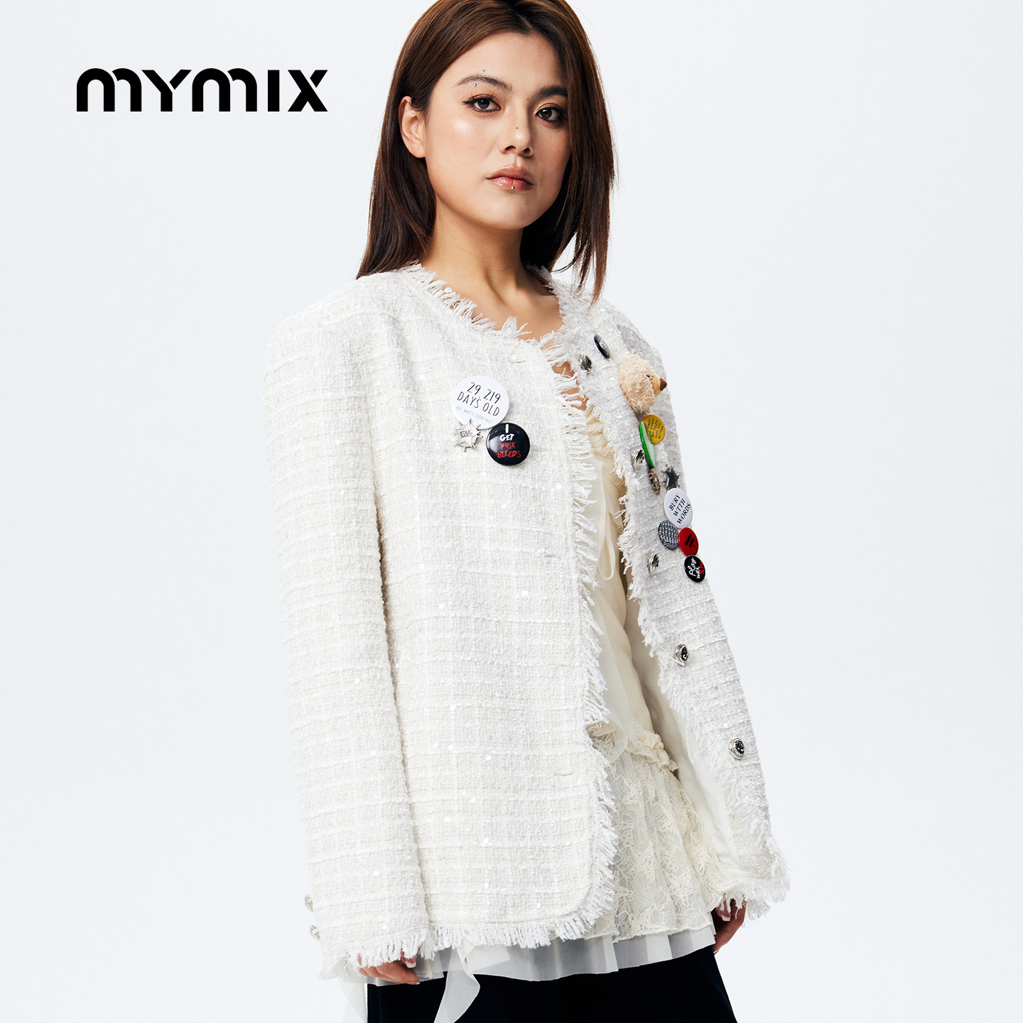 【26春新品】MYMIX简约风优雅复古廓形休闲纽扣小香风夹克外套女,女装/女士精品,短外套,淘宝优惠券,粉丝福利购,淘宝优惠卷
