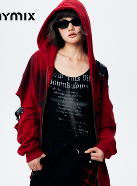 【26春新品】MYMIX休闲设计感水洗破洞廓形连帽卫衣开衫外套女装