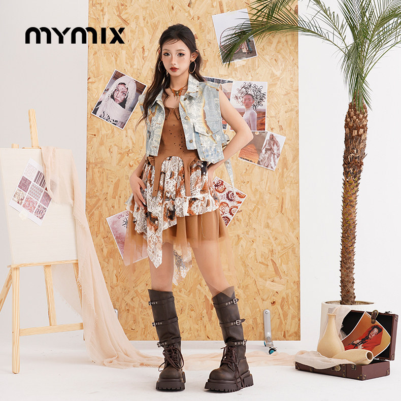 【25秋新品】MYMIX复古浪漫废土风连衣裙修身吊带不规则连身短裙