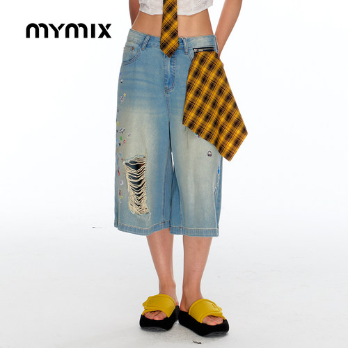 MYMIX夏季高腰卡通印花牛仔短裤