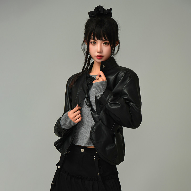 MYMIX美式复古黑色皮衣短款外套长袖机车立领夹克带背包