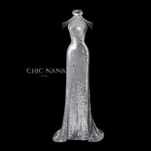 ChicNaNa月海镜花亮片银色礼服裙轻奢晚宴裙订婚新娘敬酒服晨袍