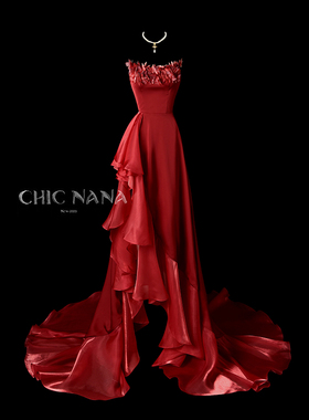 ChicNaNa暗火燎蝶抹胸红色礼服裙高端轻奢小众敬酒服订婚新娘晨袍