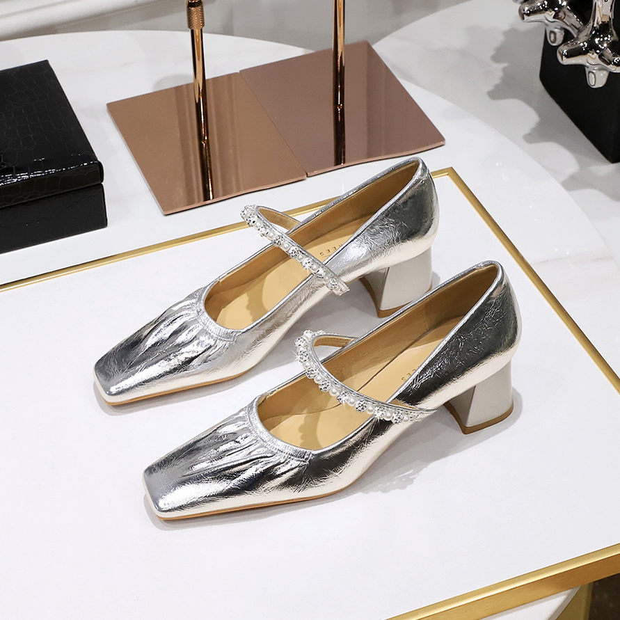 5288-16复古时尚粗跟中跟浅口方头水钻珍珠一字带单鞋玛丽珍女鞋