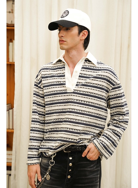 RETRO21 R21条纹肌理针织拼接撞色宽松POLO领衬衫