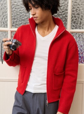 Retro 21 R21 针织立领红色羊毛双拉链开衫