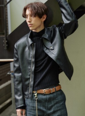 Retro 21 R21新款四合扣背褶立领短款机车荔枝纹夹克翻领长袖外套