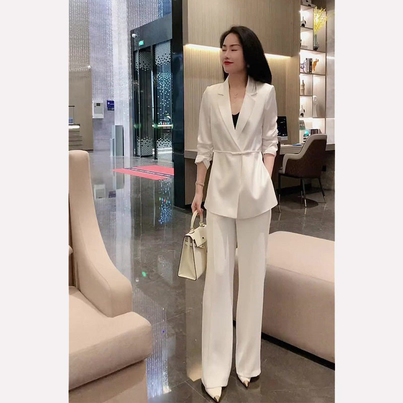 白色缎面抽绳西装套装女夏季薄款高级感职业正装阔腿裤西服两件套