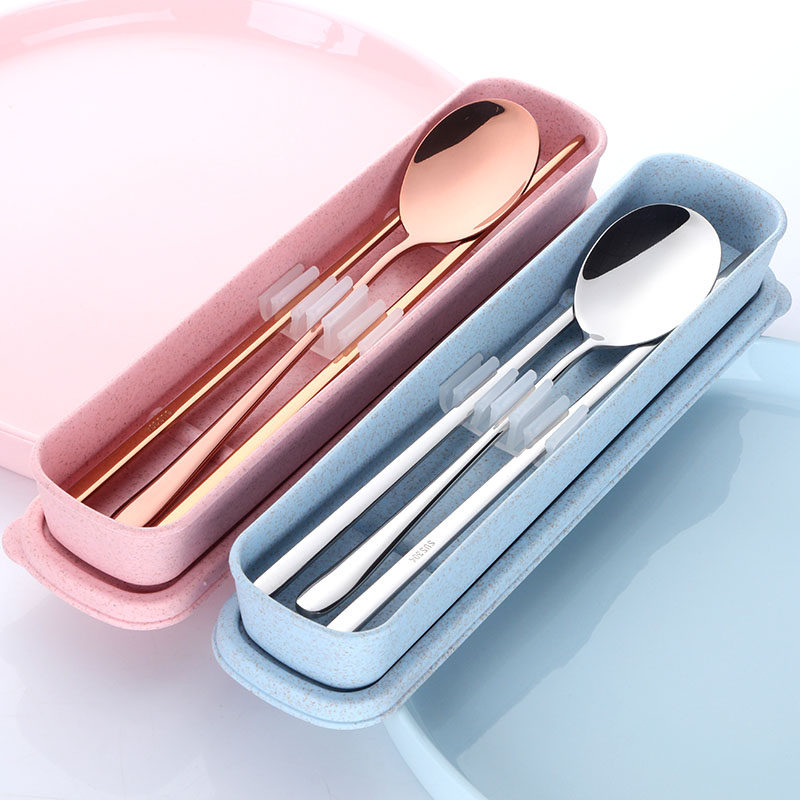 不锈钢筷子勺子套装网红叉子学生可爱餐具便携餐具三件套收纳盒