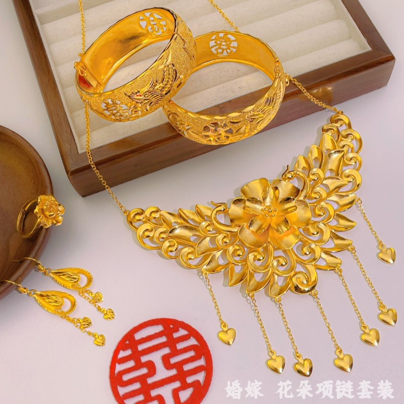 新款光面花朵结婚仿真三金项链仿金龙凤手镯套装新娘镀黄金饰品