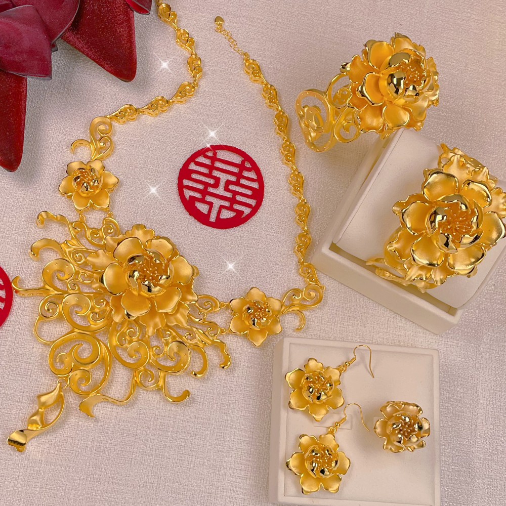 新款大气项链牡丹花朵套链婚庆橱窗金饰品镀金新娘结婚手镯套装