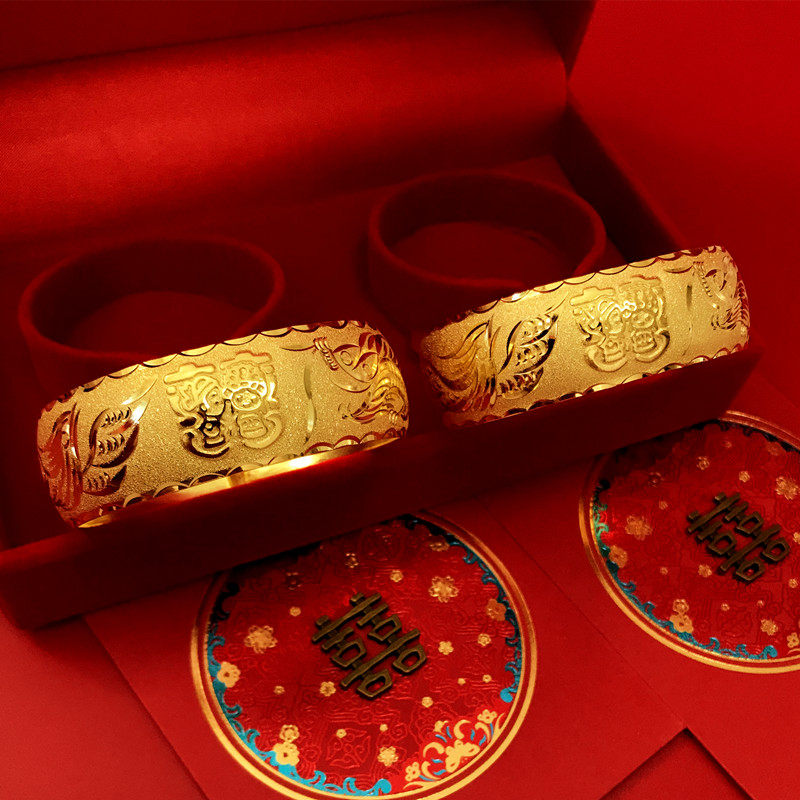 新款镀黄金仿真龙凤手镯结婚三金细沙精工轻薄柔软卡通喜字龙凤镯