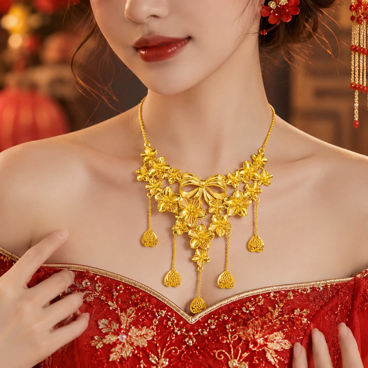 婚庆新娘仿真黄金流苏项链图片