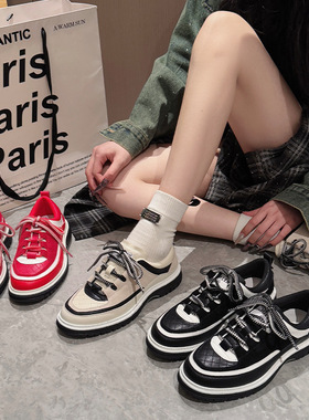 3/6cm内增高小香风板鞋2026春季新款厚底黑白拼色圆头休闲运动鞋