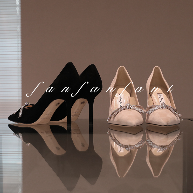 fanfanfant高跟鞋蝴蝶结钻工作鞋