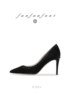 fanfanfant 性感CL85 高级黑色铆钉工作鞋 8.5CM舒适真皮高跟鞋