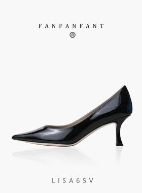 FANFANFANT_LISA65V 黑色牛漆皮V口尖头高跟鞋 酒杯跟舒适工作鞋
