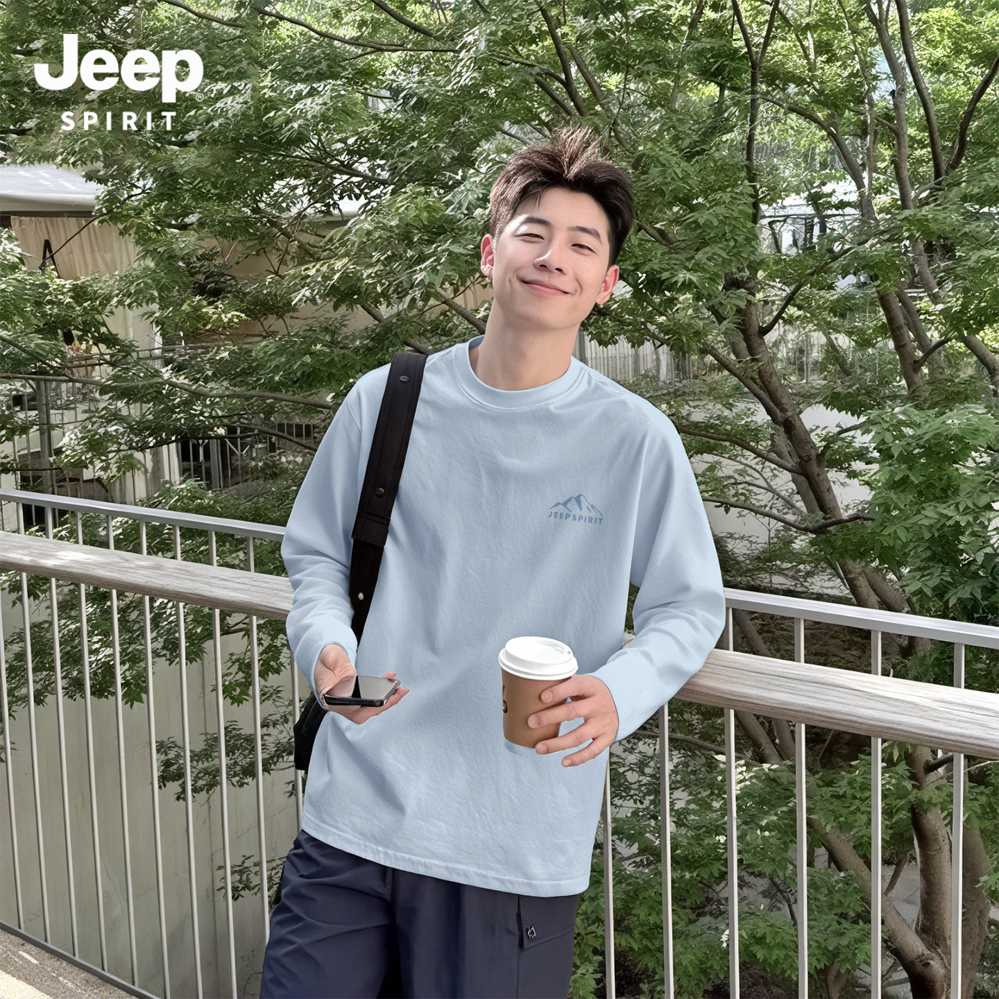 JEEP吉普男士长袖t恤春季纯棉内搭打底衫男款休闲宽松内搭上衣男X