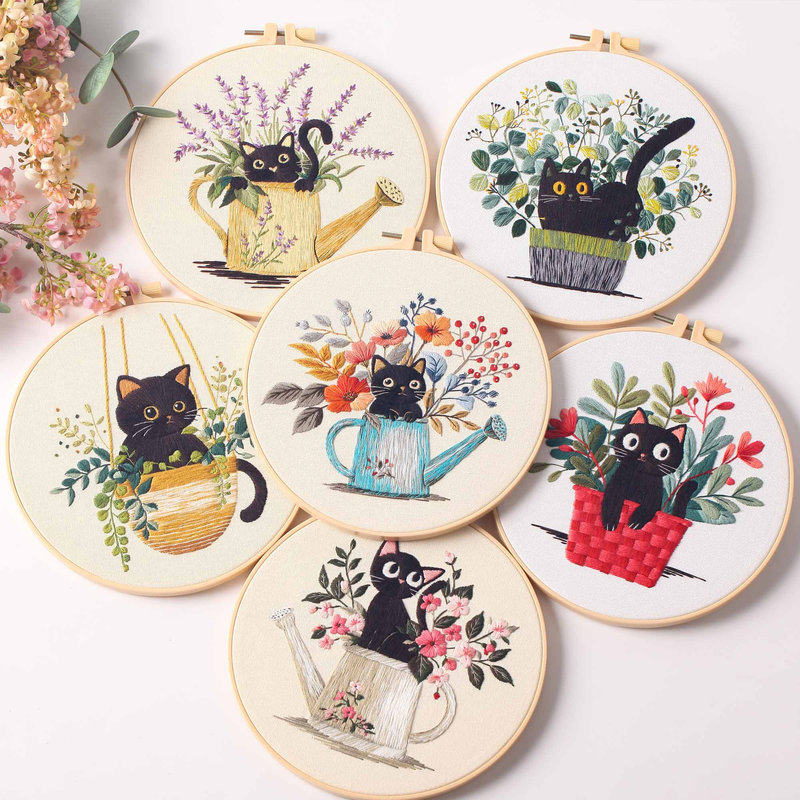 黑猫花卉刺绣diy材料包 新手自绣立体绣花带绣绷手工挂画礼物