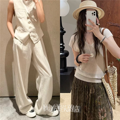 【羊家】一套入！E!P 棉麻直筒阔腿裤+For 小飞袖V领针织T 女