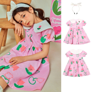 25夏季新品韩国BE女童裙粉色花朵娃娃白领子短袖连衣裙 公主裙子