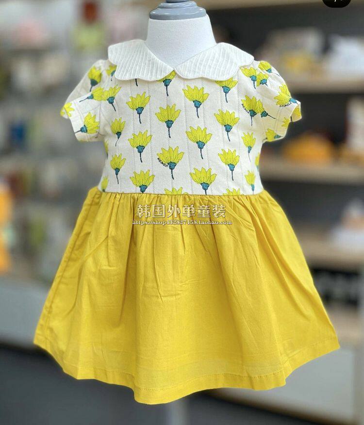 韩国中小童装夏天薄款舒适女孩美丽云朵宝宝黄色花卉短袖连衣裙子