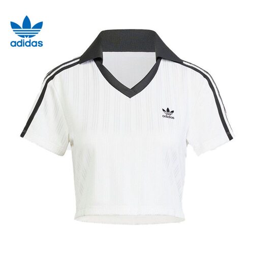 adidas originals 条纹V领截短运动短袖Polo衫女款 JD2608