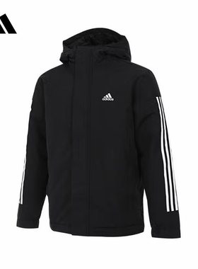 adidas 复古拼接条纹印花连帽拉链长袖夹克棉服IX8884