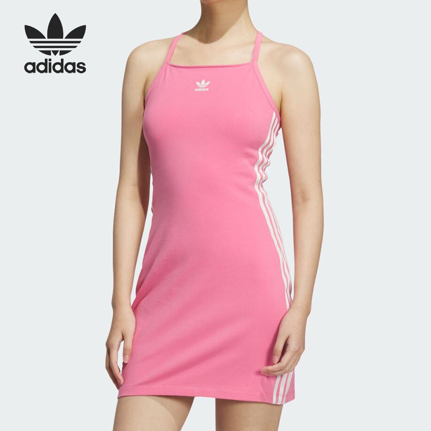 adidas originals 拼色三条纹舒适针织运动吊带连衣裙女款 JE6044 - 实物图