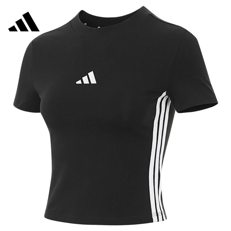 adidas  舒适透气柔软百搭条纹短袖女子常规T恤  JY8570