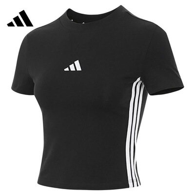 adidas  舒适透气柔软百搭条纹短袖女子常规T恤  JY8570