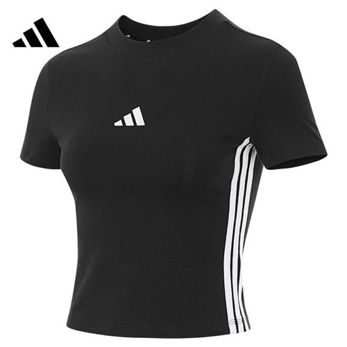 adidas  舒适透气柔软百搭条纹短袖女子常规T恤  JY8570
