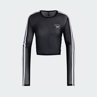 女款 adidas T恤 圆领长袖 JY7655 运动休闲条纹短款