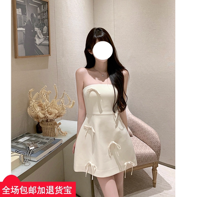 白色蝴蝶结俏皮富家女抹胸连衣裙温柔甜美一字肩显瘦裙子礼服