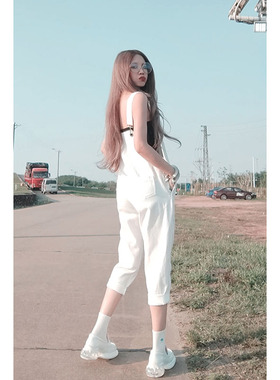 AOAOMISSSHOP 夏季新款白色牛仔背带裤女复古百搭连体裤九分裤潮