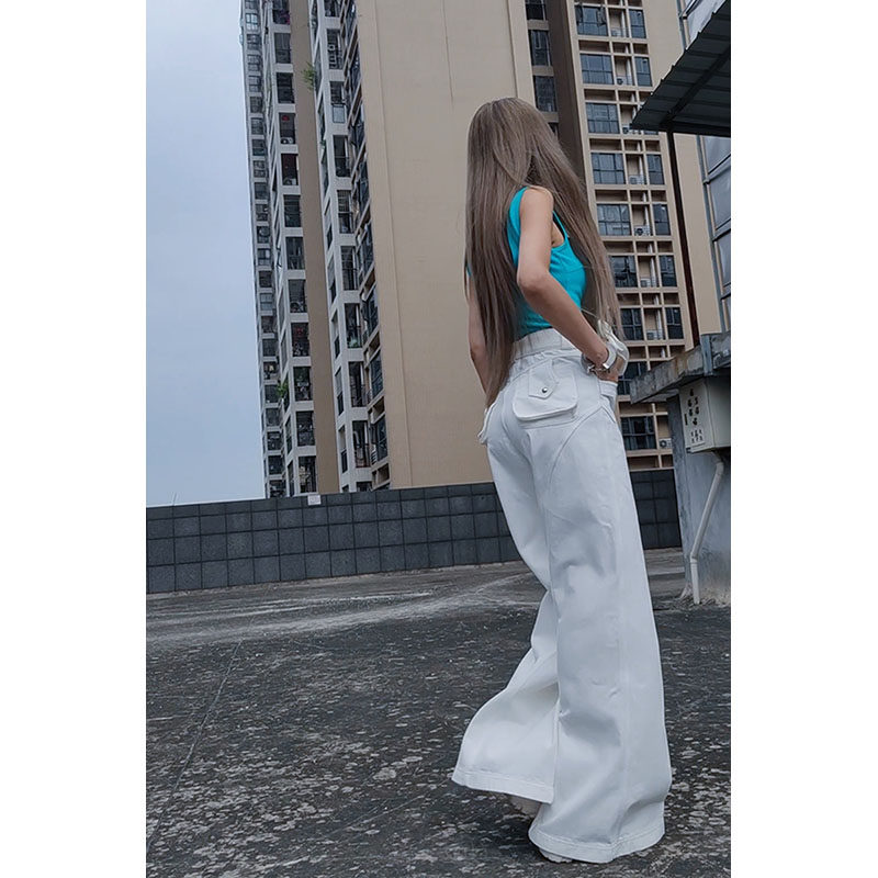AOAOMISSSHOP白色夏牛仔（带腰包）高腰长裤阔脚裤宽松休闲裤子