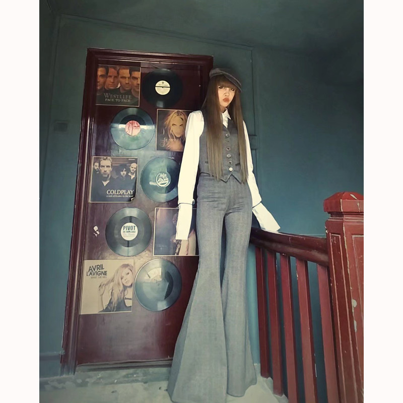 AOAOMISSSHOP  炒鸡帅气英伦风灰色格子阔腿大喇叭裤+无袖马甲