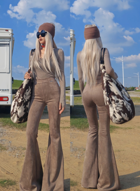 【浅棕色】AOAOMISSSHOP鳌鳌家 美式超显身材雪花绒大喇叭长裤