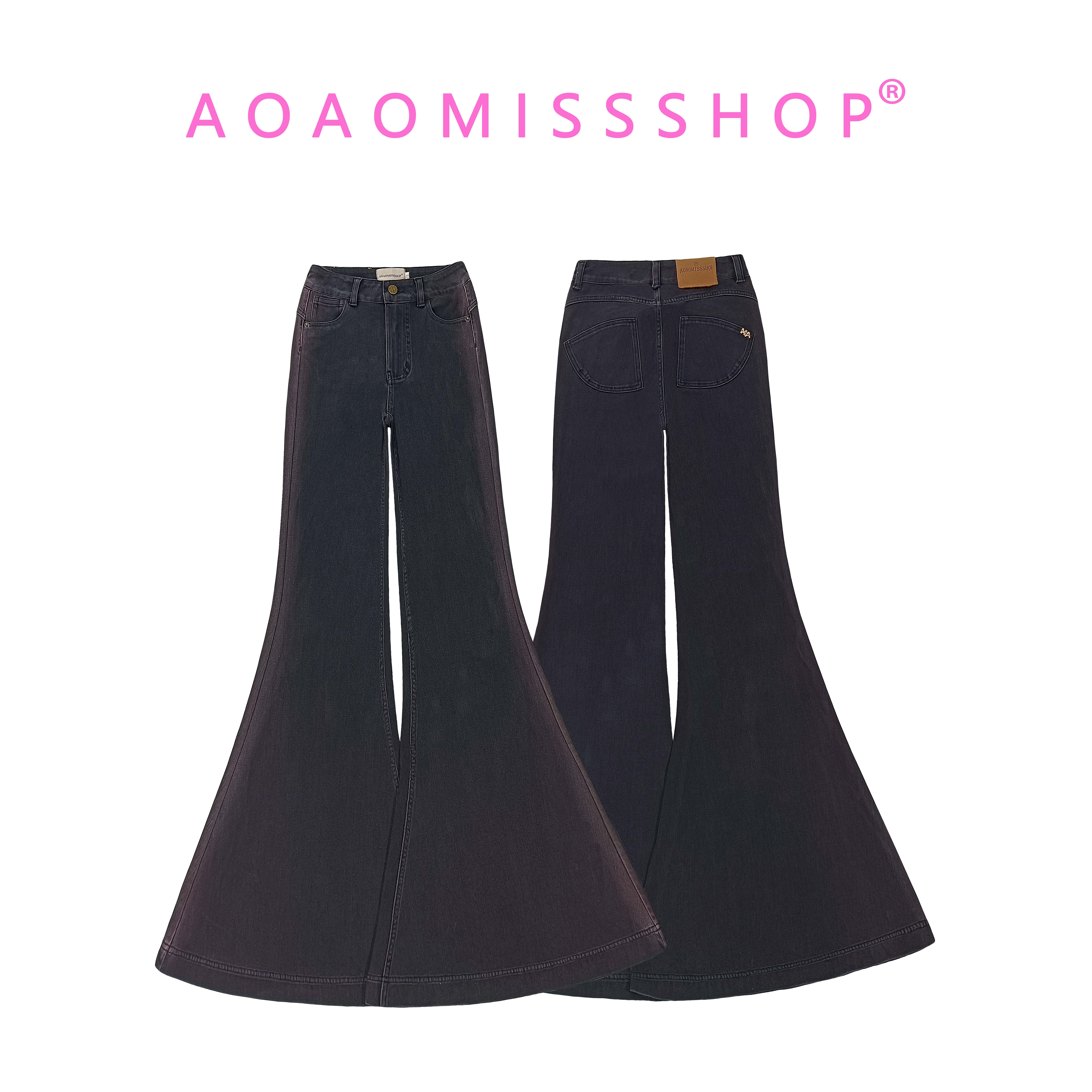 【左右磨红蜜桃喇叭裤】AOAOMISSSHOP鳌鳌家黑色四面弹牛仔长裤