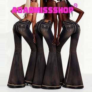 铁绣蓝弹力牛仔大喇叭裤 Trend 欧美Street AOAOMISSSHOP鳌鳌家