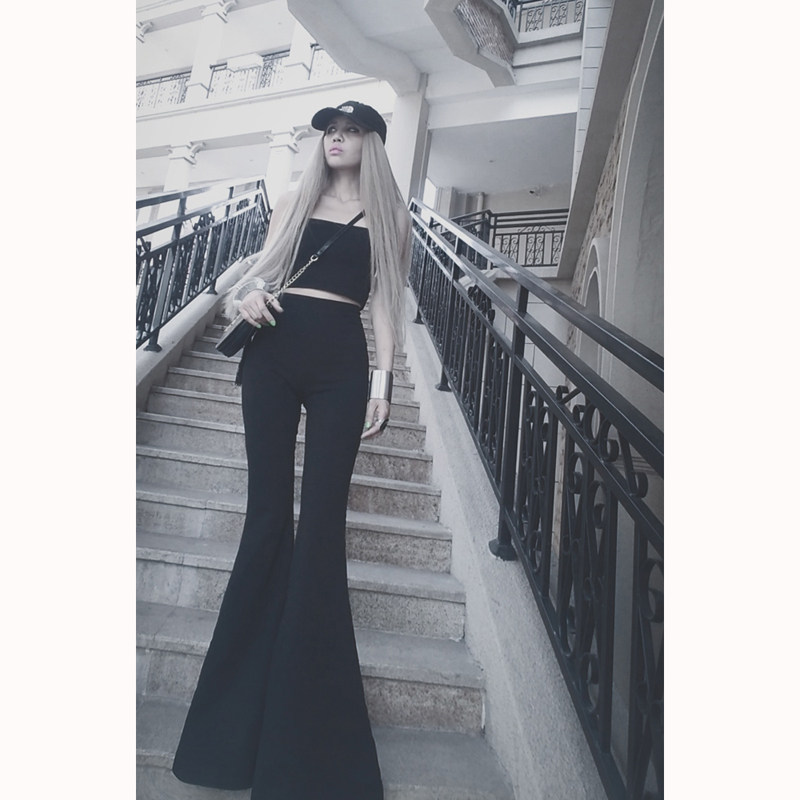 针织黑色弹力紧身大喇叭阔脚裤女显瘦百搭大长腿裤子长裤