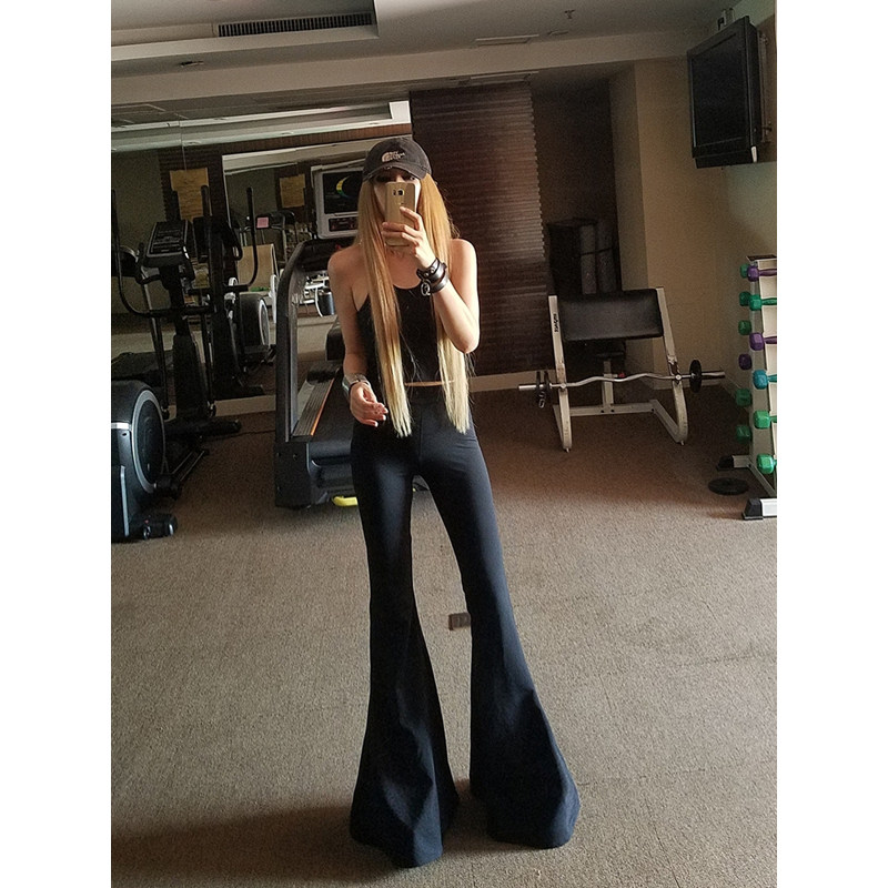 AOAOMISSSHOP黑色紧身喇叭裤女高腰2025秋显瘦显高阔腿长裤